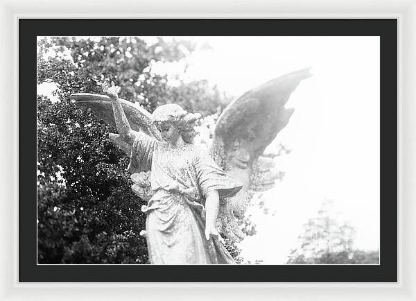 Black and white framed print featuring an angel statue with wings extended, set against a backdrop of trees.