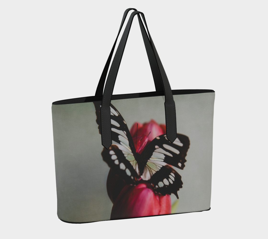 Butterfly and Tulips Vegan Leather Tote Bag