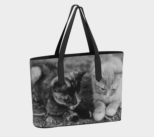Black & White Kitten Print Vegan Leather Tote Bag – Fits 16″ Laptop – Animal-Inspired Shoulder Bag - Erin Johnson Photography