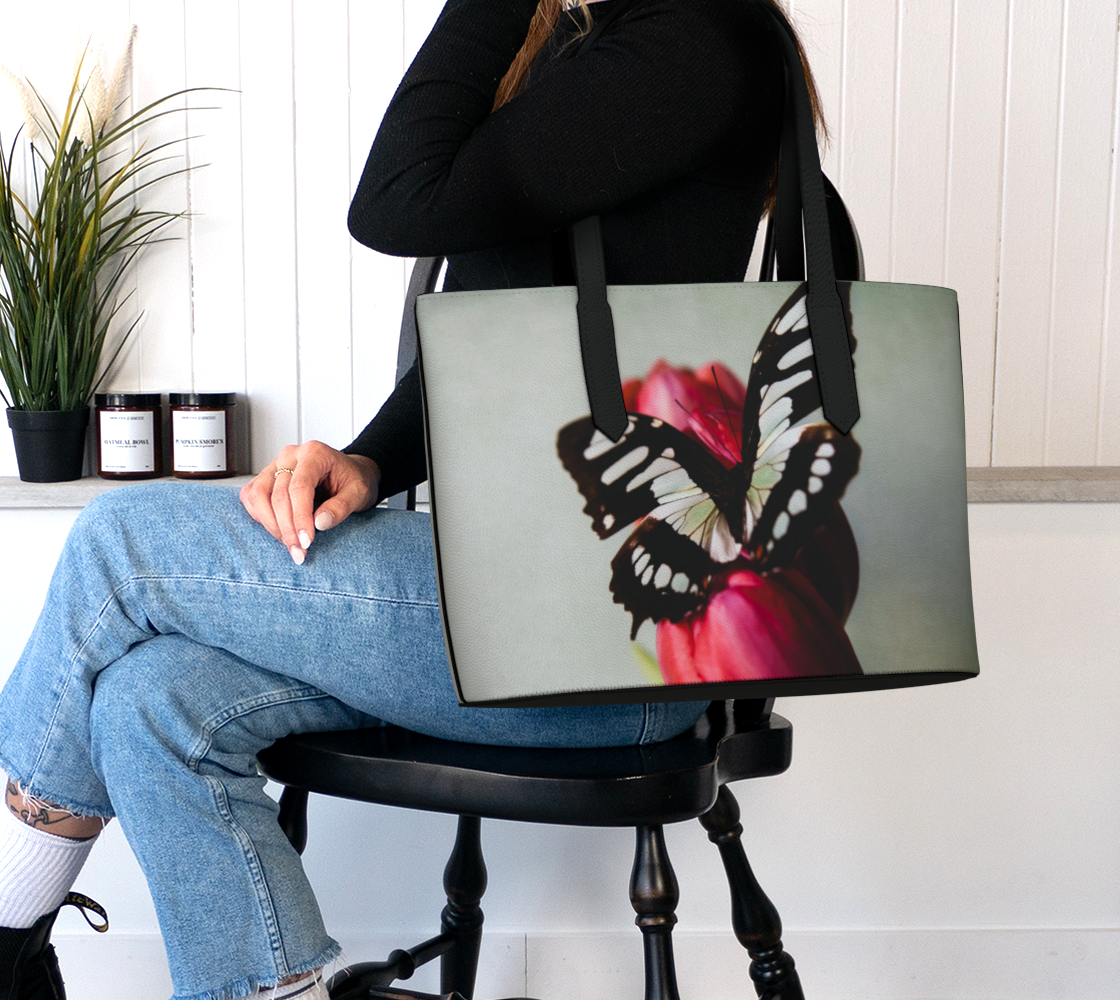 Butterfly and Tulips Vegan Leather Tote Bag
