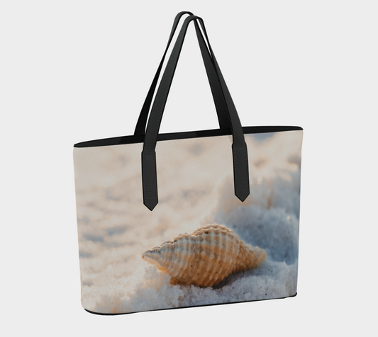 Seashell on Sand Vegan Leather Tote Bag – Fits 16″ Laptop – Beach-Inspired Handbag