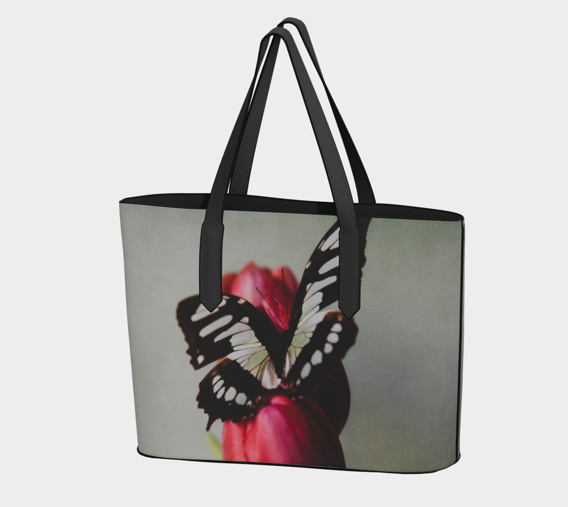 Butterfly and Tulips Vegan Leather Tote Bag