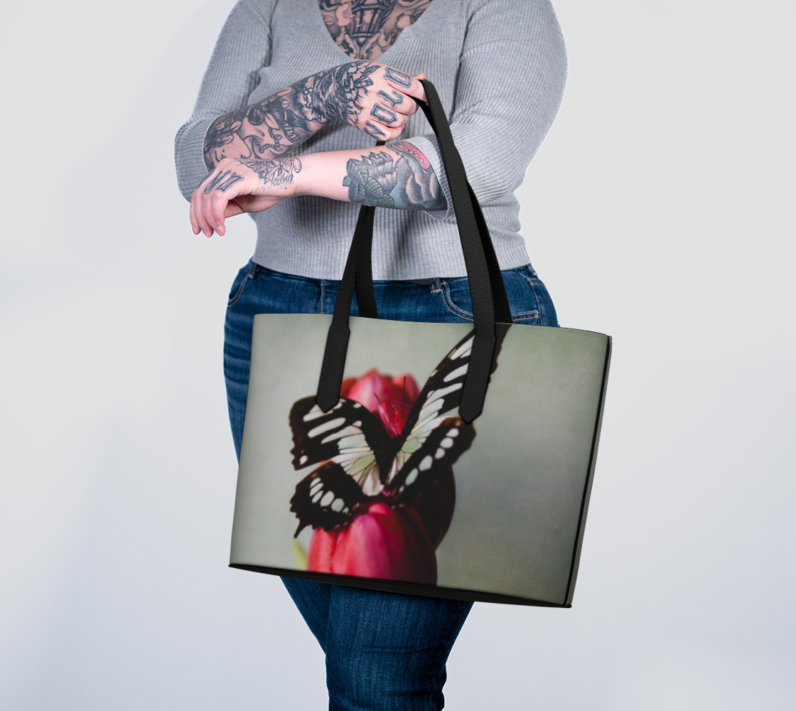 Butterfly and Tulips Vegan Leather Tote Bag