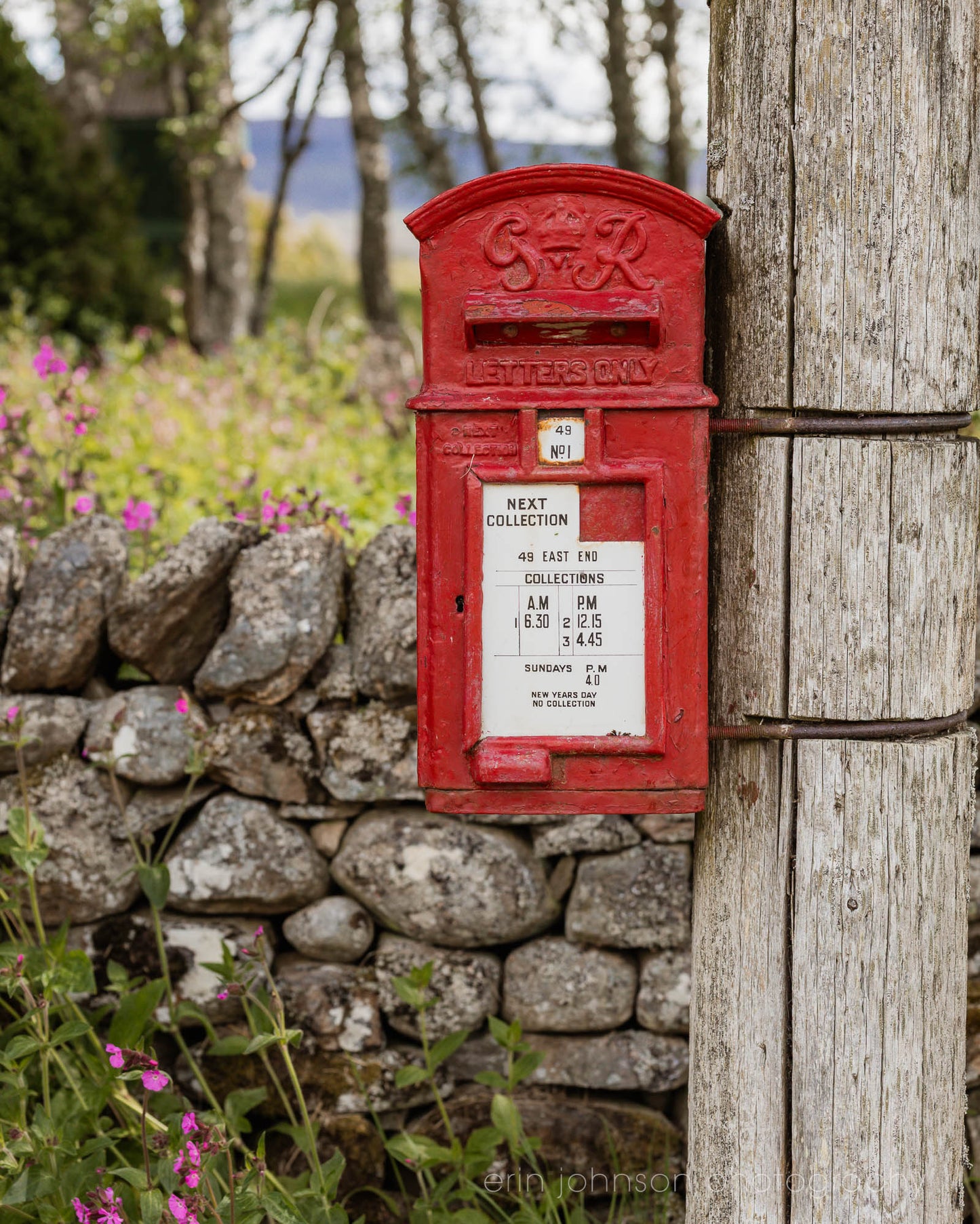A classic red British post box mounted on a wooden pole beside a stone wall with wildflowers, photographed in soft countryside light.