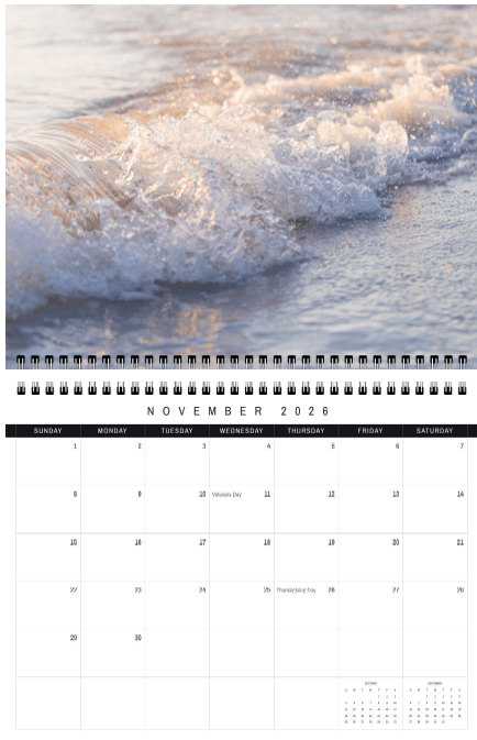 Calendar for November 2026 with a beach wave design