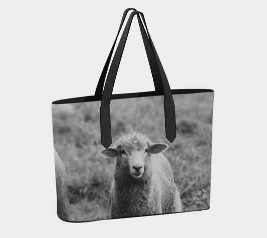 Black and White Sheep Portrait Vegan Leather Tote Bag – Fits 16" Laptop – Rustic Farmhouse Handbag - Erin Johnson Photography