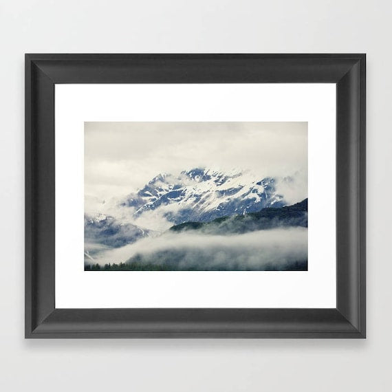 Alaska mountain and fog landscape photography print, rustic wall art for home or office
