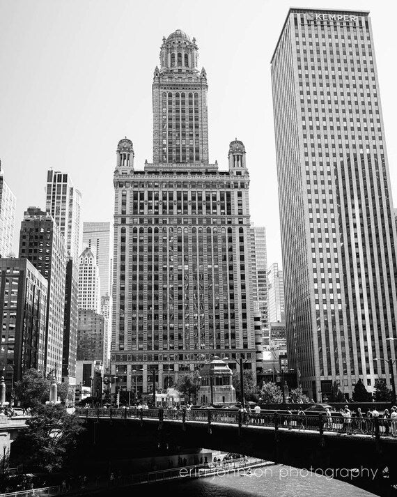 Black and white photograph of 35 E Wacker Drive in Chicago, showcasing the building's architecture with the cityscape in the background.