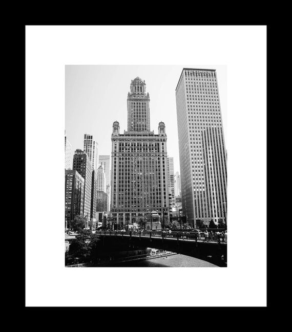 Black and white photograph of 35 E Wacker Drive in Chicago, showcasing the building's architecture with the cityscape in the background.