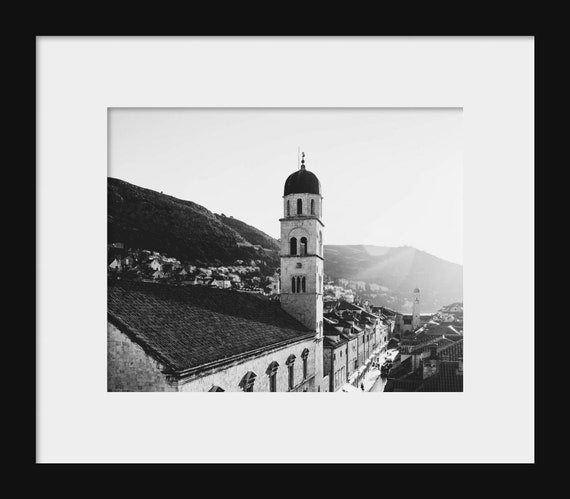 Black and White Dubrovnik Landscape Photography | Belltower on the Stradun