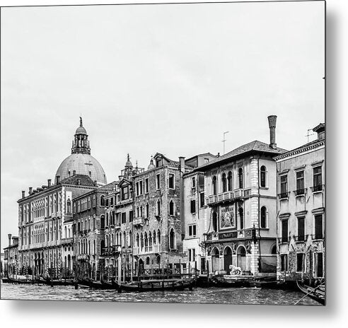 A black and white metal print featuring the Grand Canal in Venice, Italy, with a wooden frame.