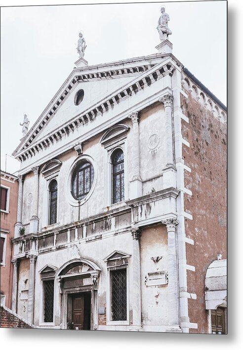 A high-quality metal print featuring the facade of the Church of San Sebastian in Venice, Italy, with a wooden frame offset from the wall.
