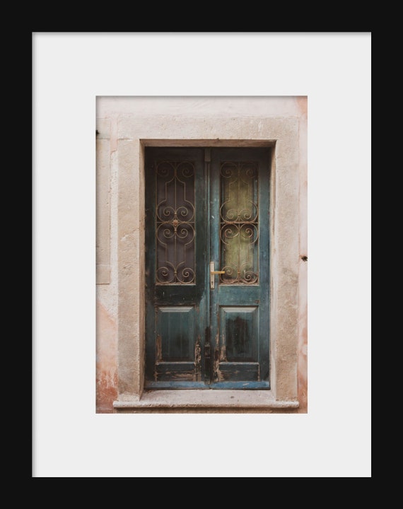 Rustic blue door with distressed wood and ironwork in Dubrovnik, Croatia – European architecture photography print.