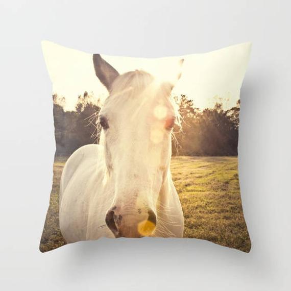a white horse with a yellow ball in its mouth