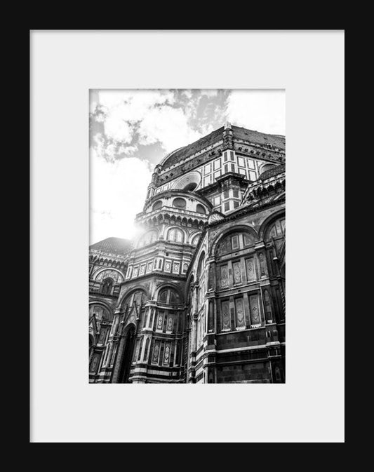 Black and white photograph of Il Duomo in Florence, Italy by Erin Johnson, available as print or canvas, ideal for living rooms, offices, or hallways