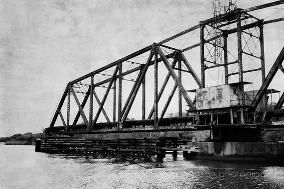 Industrial black and white train photography, railroad bridge wall art, Apalachicola Northern Railroad swing bridge photo, industrial loft décor, man cave wall art