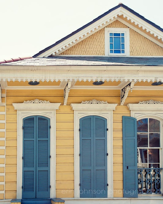 A photograph featuring a yellow and blue colored house with shutters, reflecting a typical New Orleans architectural style, with a watermark indicating the photographer is Erin Johnson.
