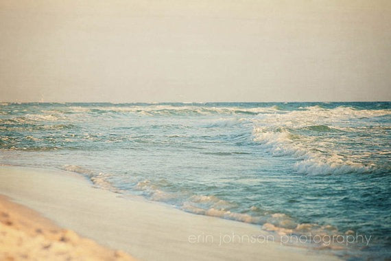 Ocean sunset photography with waves and sandy beach, coastal wall art for beach cottage decor