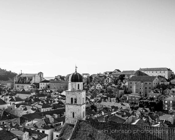 Black and white Dubrovnik Old Town photography print – Croatia travel wall art décor
