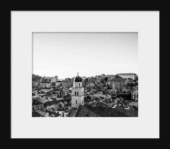 Black and white Dubrovnik Old Town photography print – Croatia travel wall art décor
