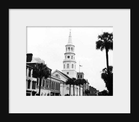 Black and white St. Michael’s Church Charleston South Carolina photography print, Broad Street historic wall art, travel-themed home décor, large wall print, framed wall art