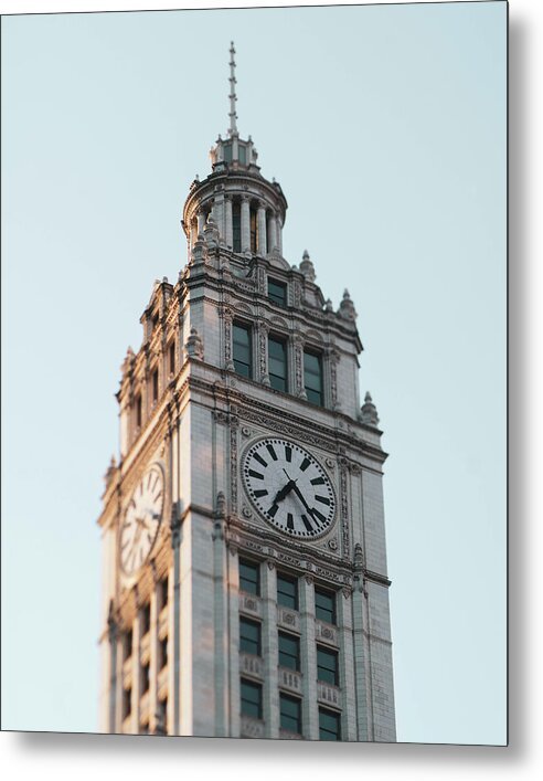 A metal print of the Wrigley Building clock tower with a clear blue sky in the background.