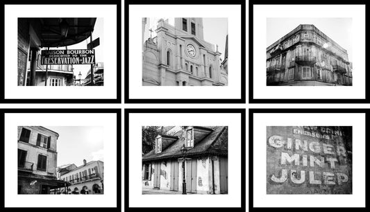 A set of black and white photography prints featuring New Orleans French Quarter landscapes and architecture