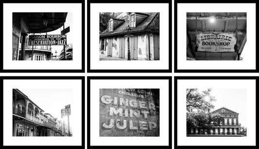 A set of six black and white photography prints featuring various iconic street scenes and architecture from the French Quarter, New Orleans.