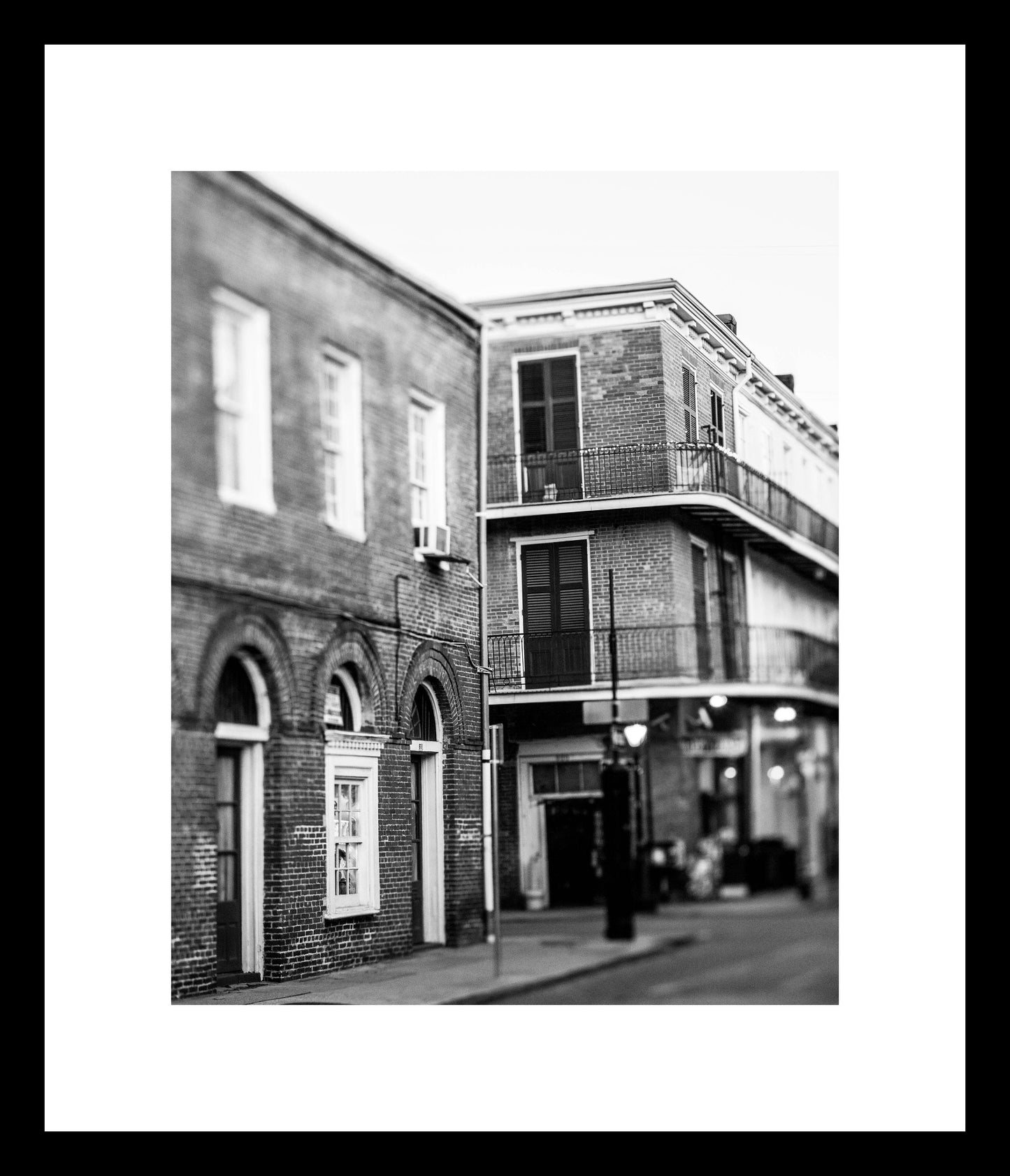 Black and white New Orleans street photography print of historic architecture