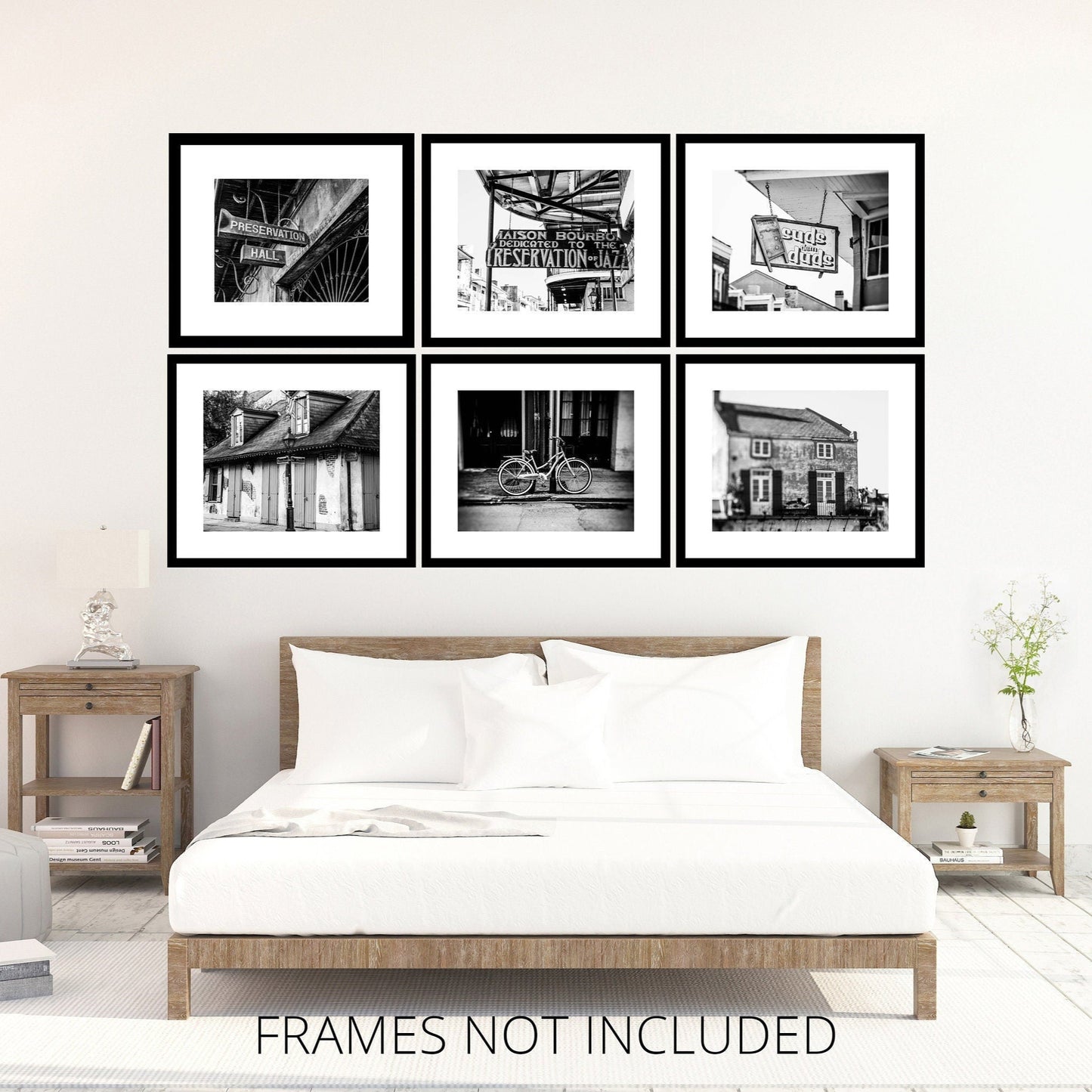 A collection of six black and white photographs of New Orleans, featuring iconic imagery such as a bicycle, vintage signs, and other cityscape elements.