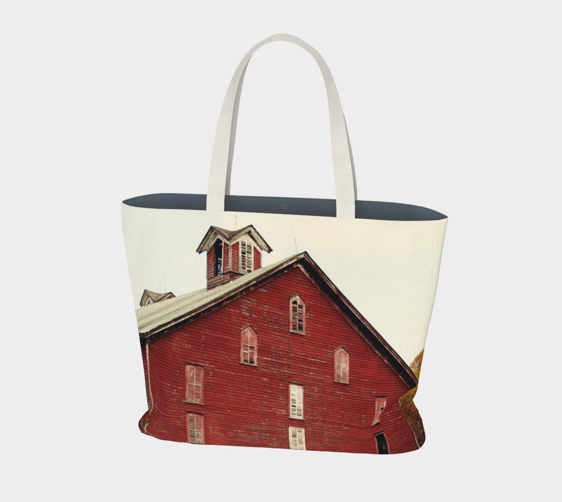 Red Barn Market Tote Bag – Lined or Unlined Rustic Canvas Shoulder Bag