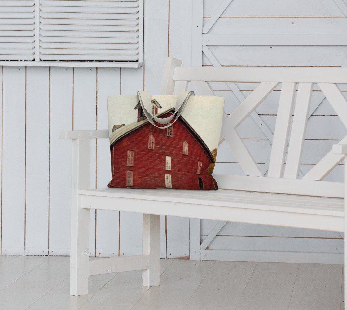 Red Barn Market Tote Bag – Lined or Unlined Rustic Canvas Shoulder Bag