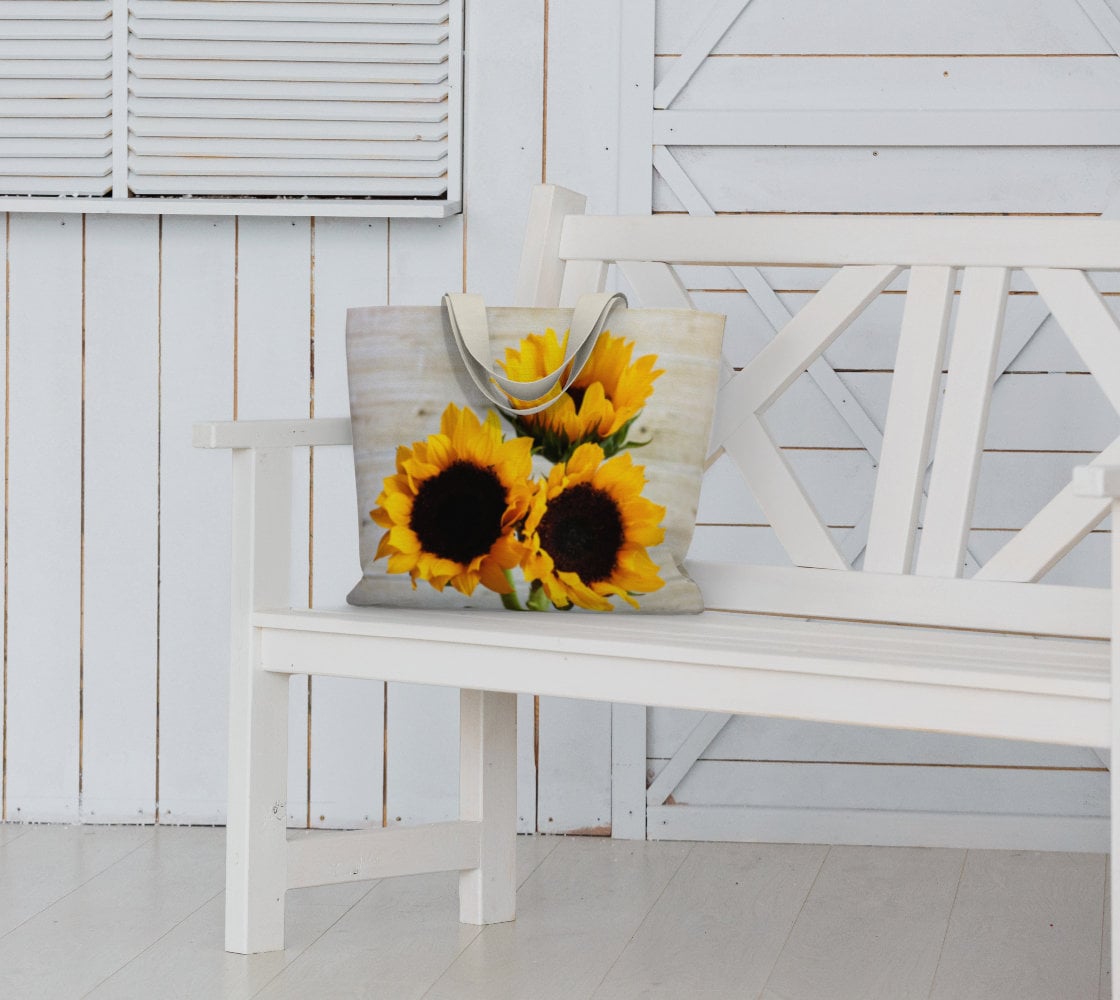 Three Sunflowers Large Tote Bag – Rustic Floral Photography Print