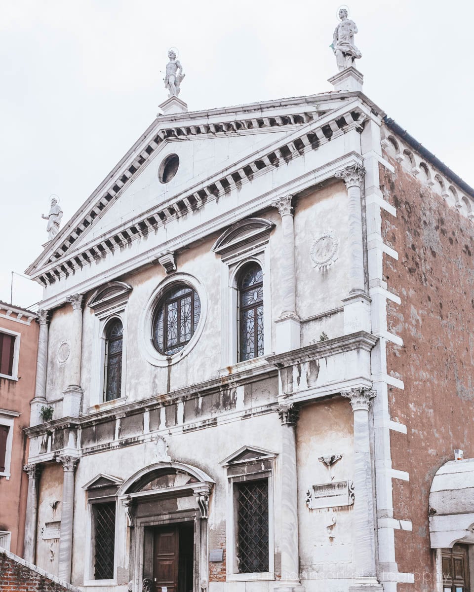 A photography print of the exterior of the Church of Saint Sebastian in Venice, Italy.