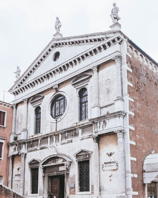 A photography print of the exterior of the Church of Saint Sebastian in Venice, Italy.