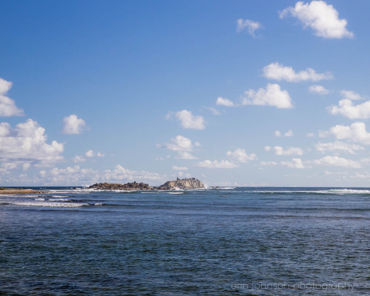 A landscape photography print depicting a beach scene with clear blue skies, white clouds, and a body of water leading to a landmass in the distance.