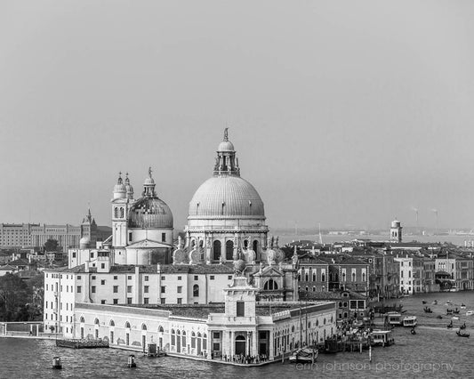 Black and White Venice Italy Photography Print, Monochrome European Cityscape, Travel Landscape Art, Large Room Artwork, La Salute Church - eireanneilis