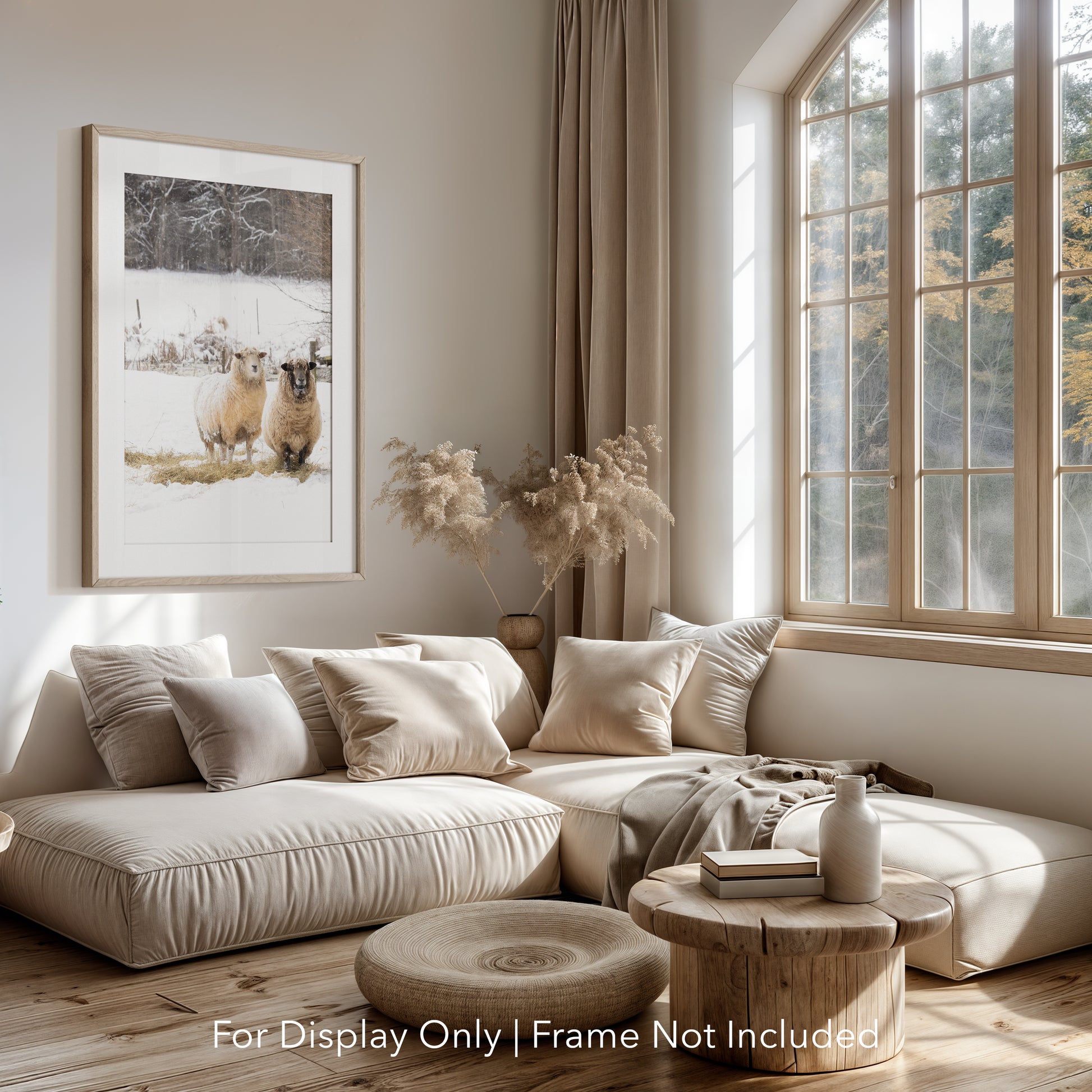 Snowy sheep photography print featuring two sheep standing in a winter pasture, rustic farmhouse wall art.