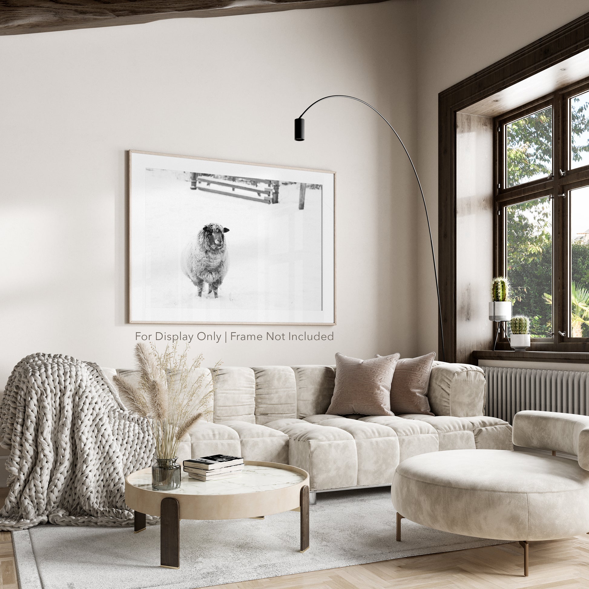 Black and white sheep photography print in snow rustic farmhouse wall art