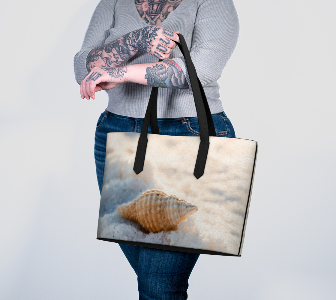 Seashell on Sand Vegan Leather Tote Bag – Fits 16″ Laptop – Beach-Inspired Handbag