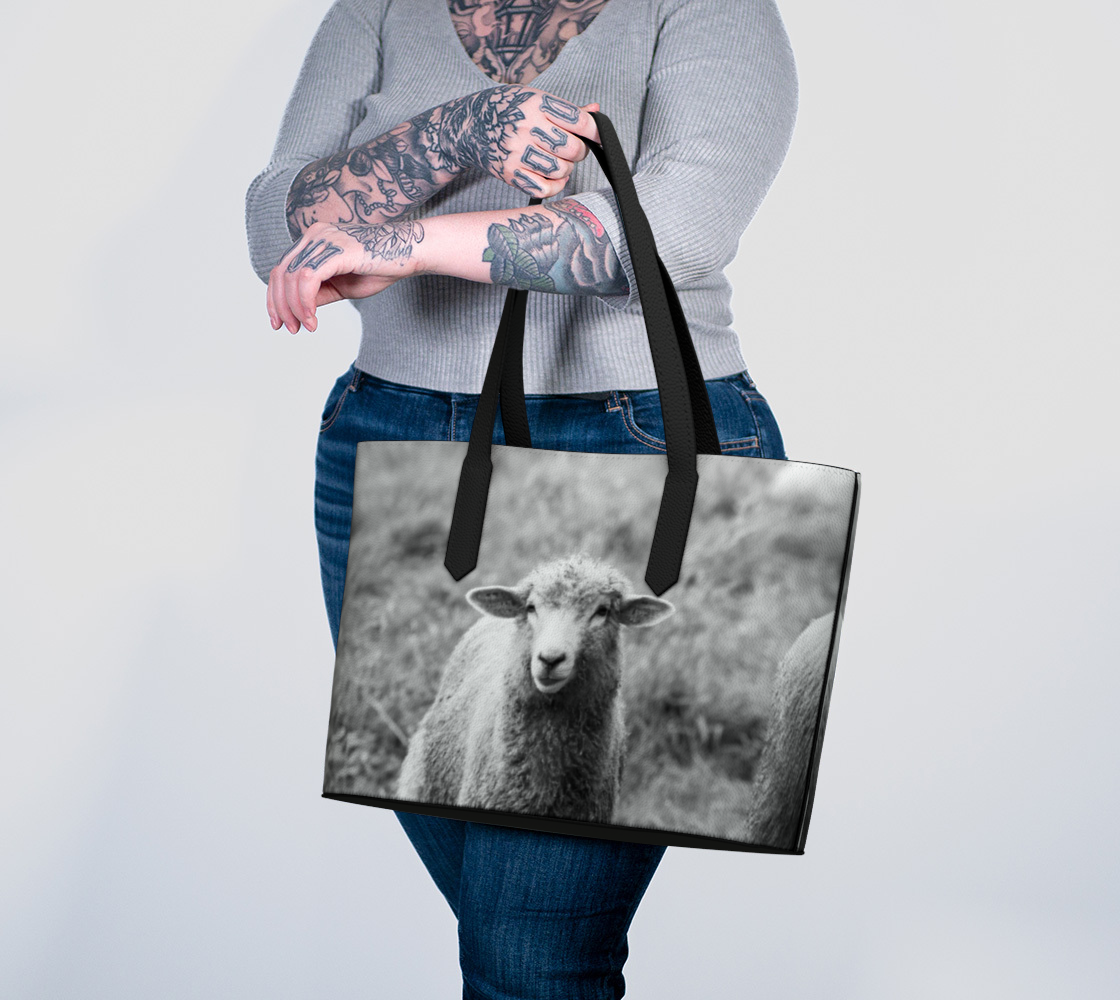 Black and White Sheep Portrait Vegan Leather Tote Bag – Fits 16" Laptop – Rustic Farmhouse Handbag