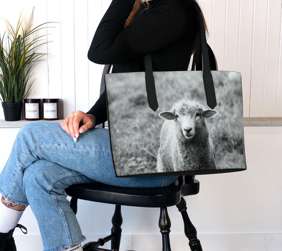 Black and White Sheep Portrait Vegan Leather Tote Bag – Fits 16" Laptop – Rustic Farmhouse Handbag