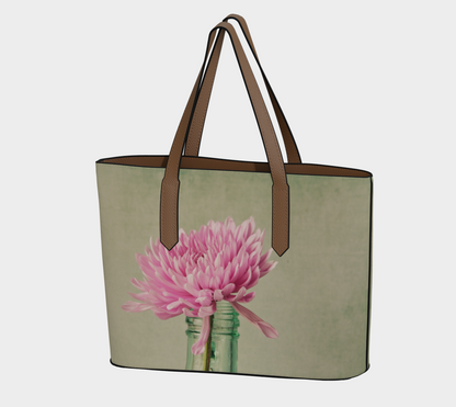 Pink Chrysanthemums Vegan Leather Tote Bag – Fits 16″ Laptop – Feminine Floral Handbag