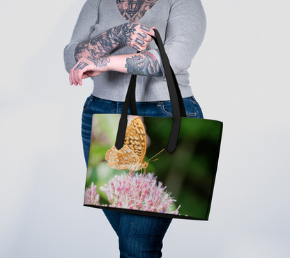 Orange Butterfly on Pink Flower Vegan Leather Tote Bag – Fits 16" Laptop | Floral & Nature Shoulder Bag