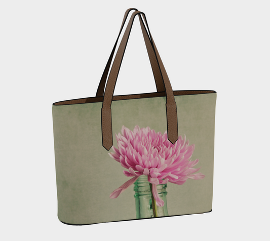Pink Chrysanthemums Vegan Leather Tote Bag – Fits 16″ Laptop – Feminine Floral Handbag
