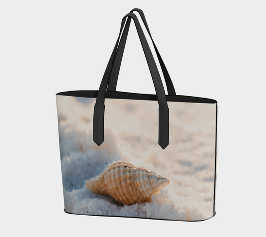 Seashell on Sand Vegan Leather Tote Bag – Fits 16″ Laptop – Beach-Inspired Handbag