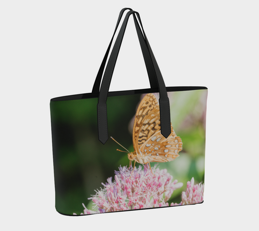 Orange Butterfly on Pink Flower Vegan Leather Tote Bag – Fits 16" Laptop | Floral & Nature Shoulder Bag