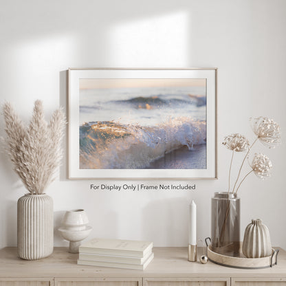 Golden sunlight shines through a breaking ocean wave on the Gulf Coast in Destin, Florida, coastal wall art.
