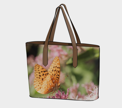 Vegan leather tote bag featuring a Great Spangled Fritillary butterfly on wildflowers, designed by Erin Johnson Photography