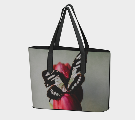 Butterfly and Tulips Vegan Leather Tote Bag